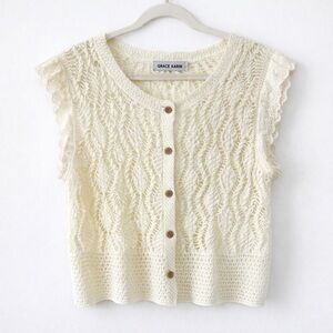 Grace Karin Cream Crochet Lace Button Front Top Boho Cottagecore